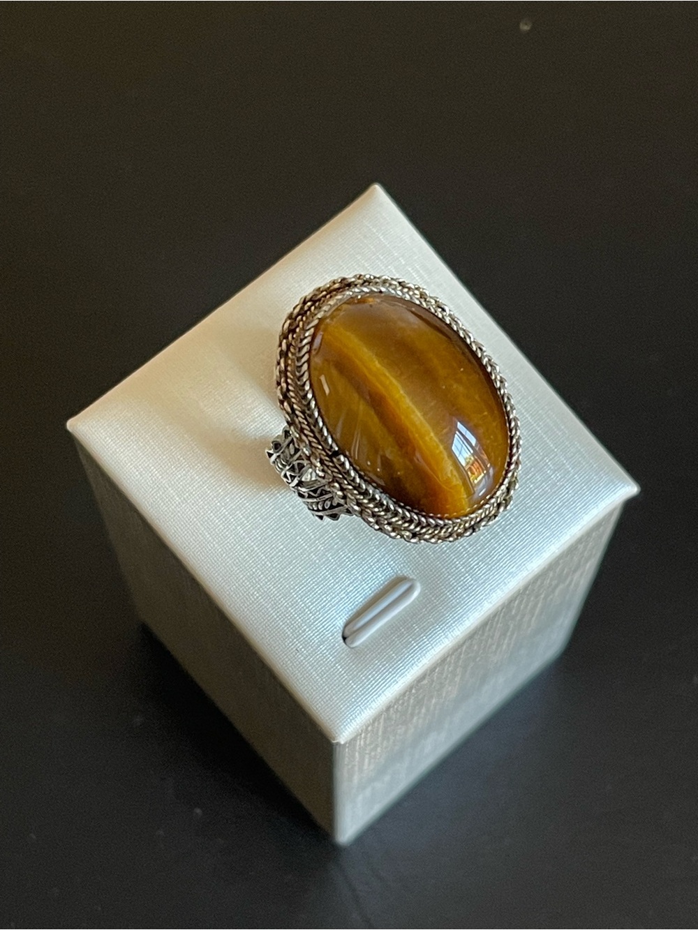 Vintage Chinese Export Sterling silver Tiger's Eye Oval Statement Ring.